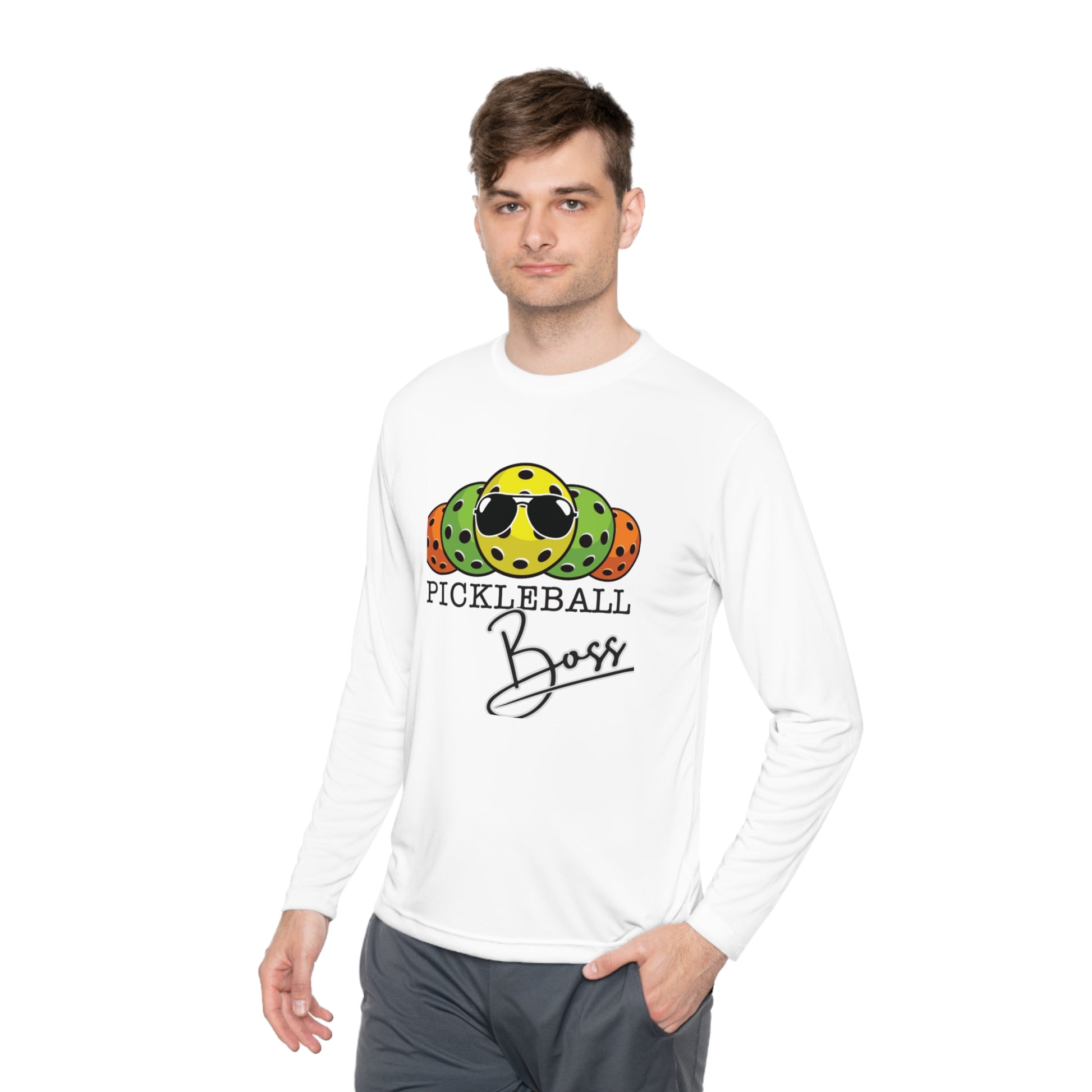 "Pickleball Boss" Unisex Lightweight Long Sleeve Tee, made from 100% moisture-wicking polyester