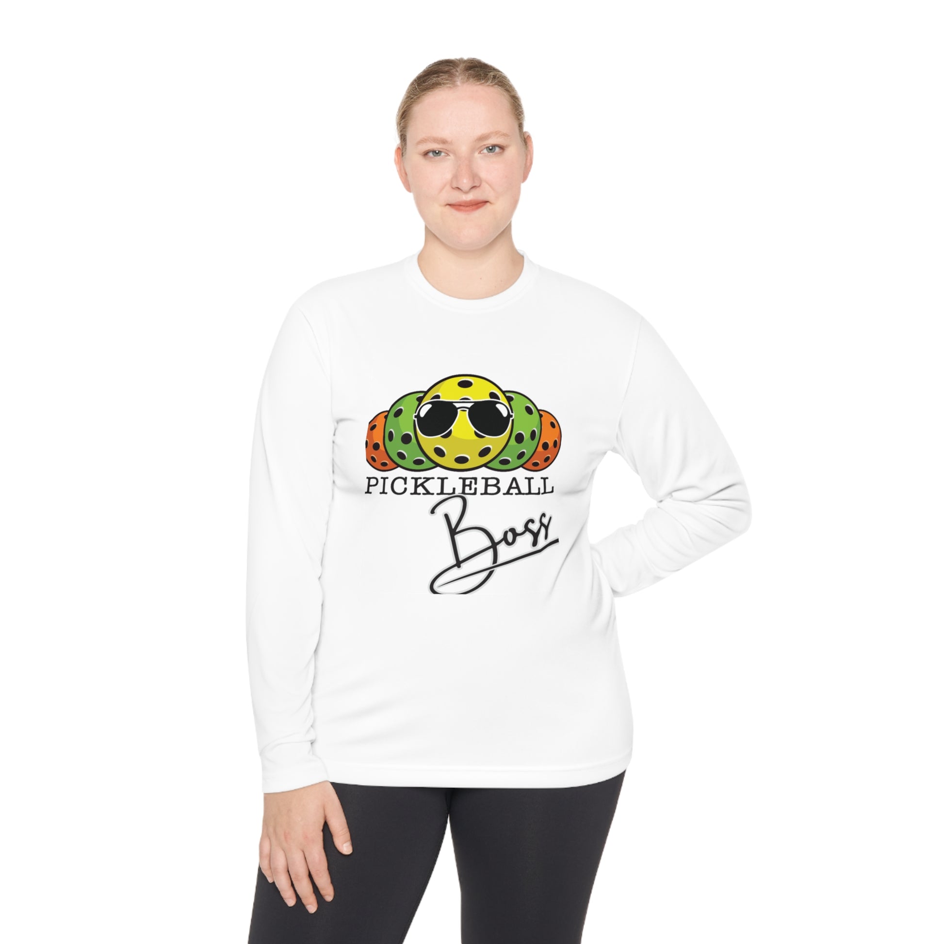 "Pickleball Boss" Unisex Lightweight Long Sleeve Tee, made from 100% moisture-wicking polyester