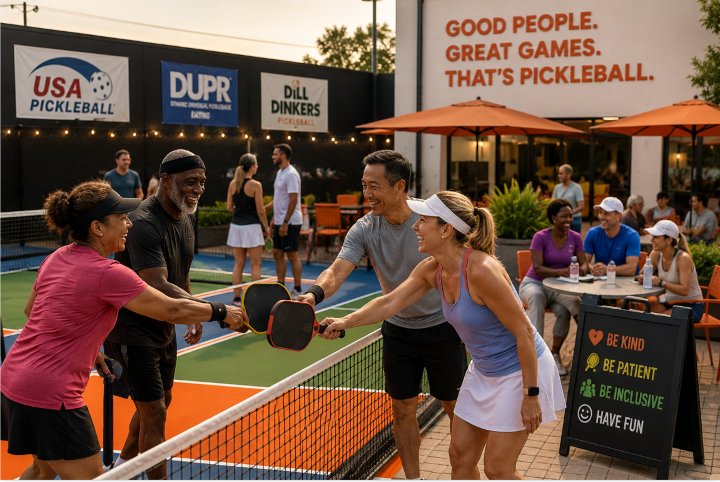 Pickleball players connecting as part of a welcoming community