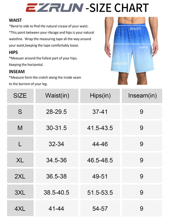 EZRUN Men's Athletic Basketball Shorts with Zipper Pockets Workout Gym Quick Dry Lightweight 9 Inches Long Shorts for Tennis Running Blue