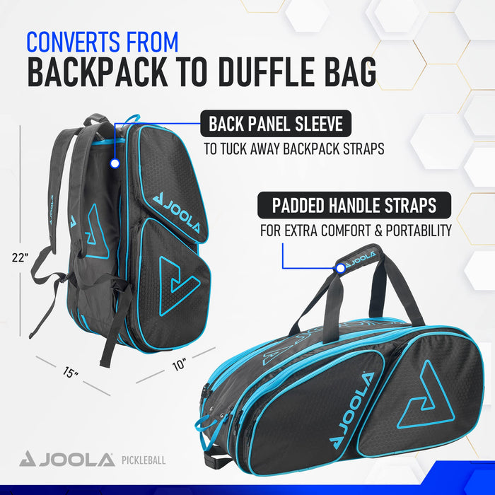 JOOLA Tour Elite Pickleball Bag – Backpack & Duffle Bag for Paddles & Pickleball Accessories – Thermal Insulated Pockets Hold 4+ Paddles - Includes Fence Hook Black/Light Blue