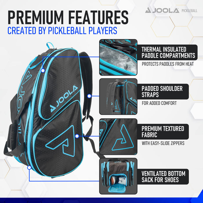 JOOLA Tour Elite Pickleball Bag – Backpack & Duffle Bag for Paddles & Pickleball Accessories – Thermal Insulated Pockets Hold 4+ Paddles - Includes Fence Hook Black/Light Blue