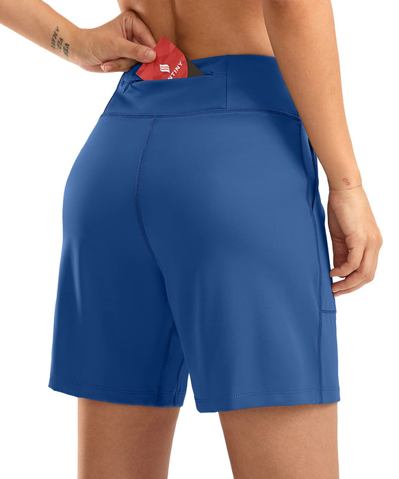 SANTINY Women's 6'' Athletic Long Shorts with 4 Pockets High Waisted Bermuda Shorts for Women Walking Running Casual (Blue_XL)